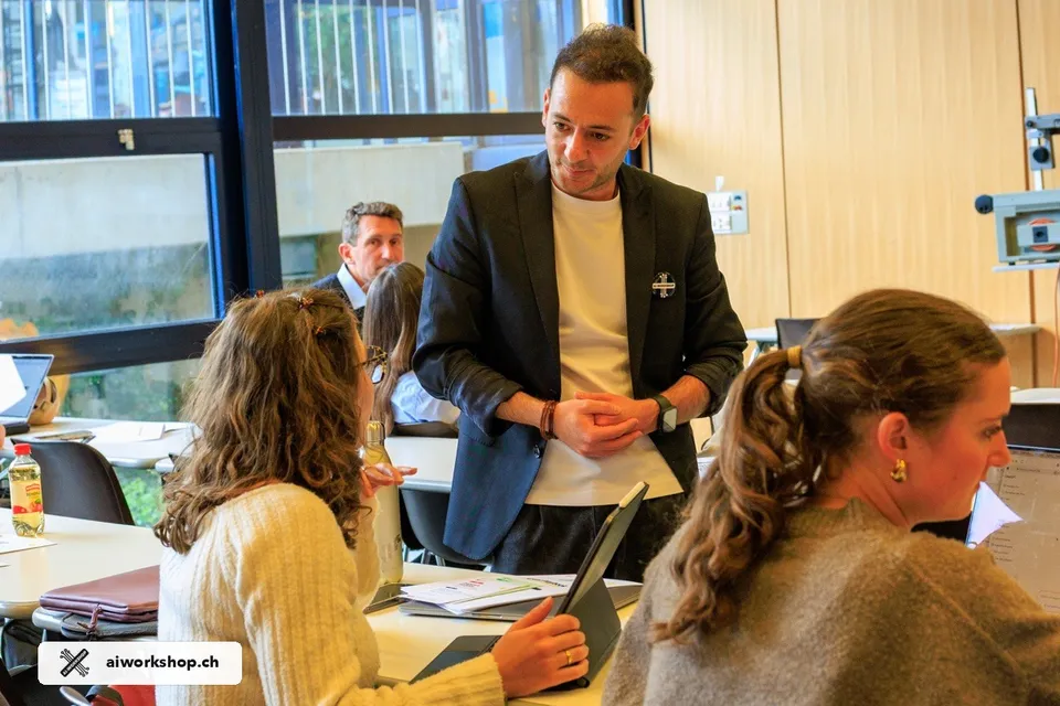 George Raymond-Alshoufi facilitating a hands-on university AI workshop in Lausanne